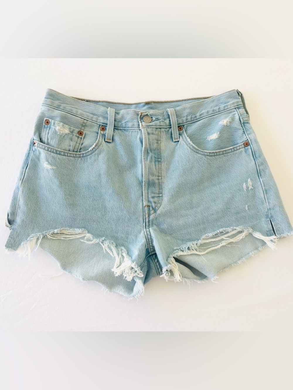 Levi's 501 Light Blue Distressed Denim Cutoff Shorts